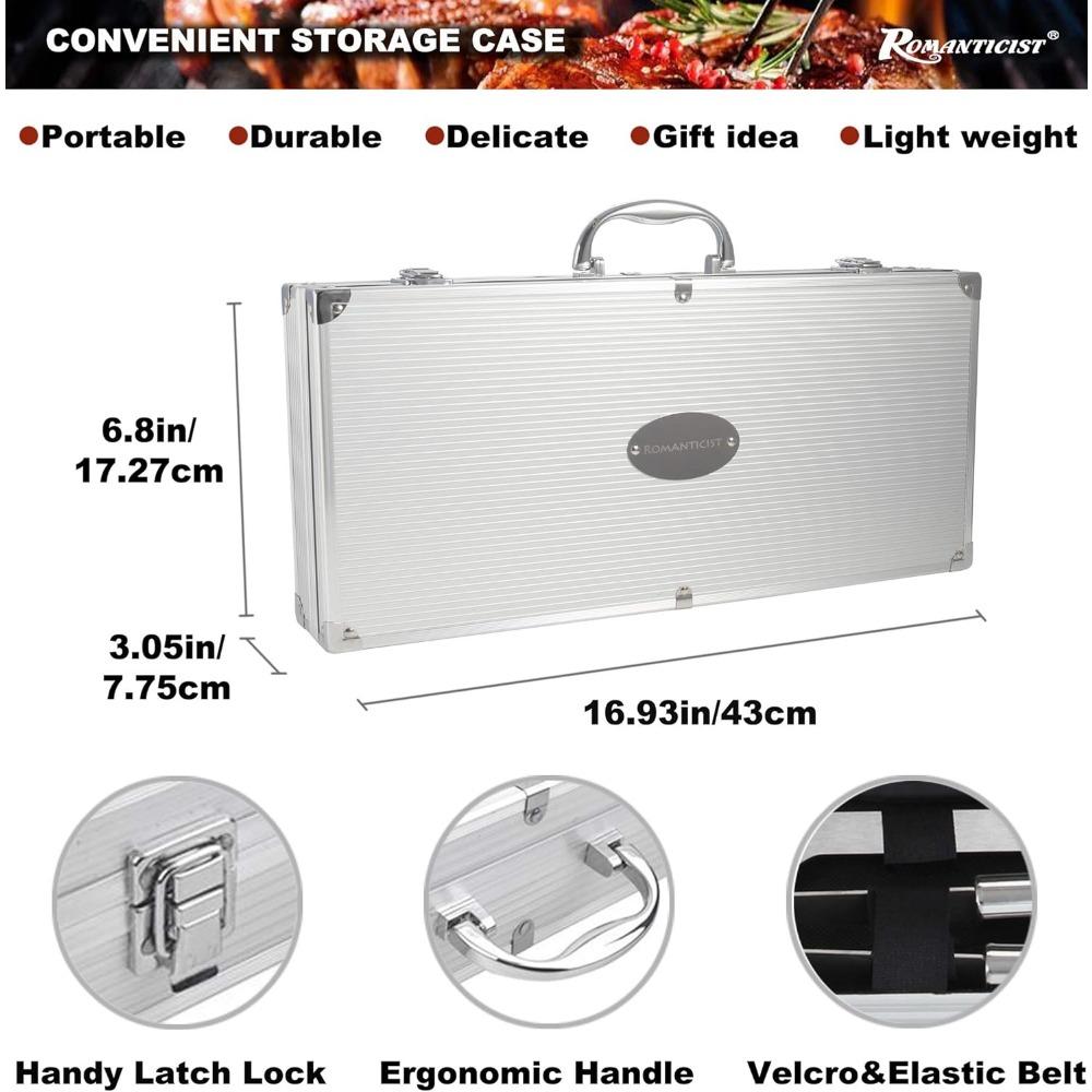 ROMANTICIST 23pcs Must-Have BBQ Grill Accessories Set with Thermometer in Case - Stainless Steel Barbecue Tool Set with 2 Grill