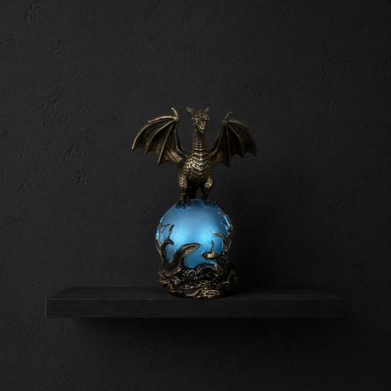 Dragon Statue with Ball, Dark Style Dragon Figurine, USB Powered Desktop Dragon Lamp Ornaments, Fantasy Gift for Men & Dragon Lovers