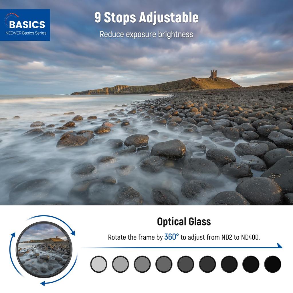 Neewer Basics 58mm Variable ND Filter ND2-400 Camera Lens Filter 1-9 Stop Rotating Dimming Fingerprint-Resistant Ultra-Thin Frame