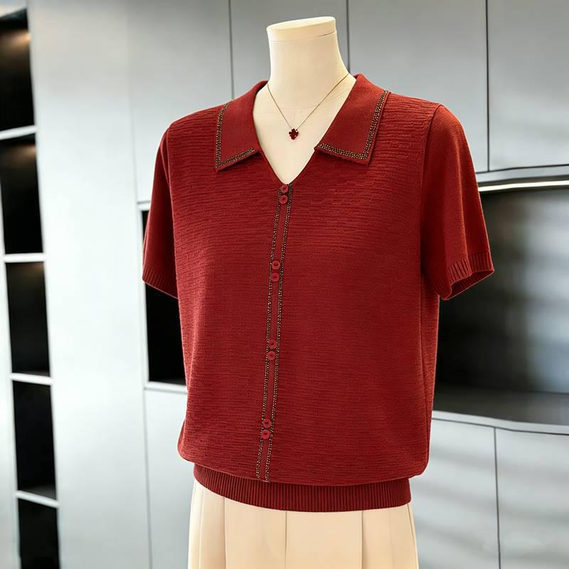 

Chic Rhinestone Embellished Short-Sleeve Ice Silk Blouse for Middle-Aged Women - Plus Size Summer Lapel Top 2XL (100-115 jin)