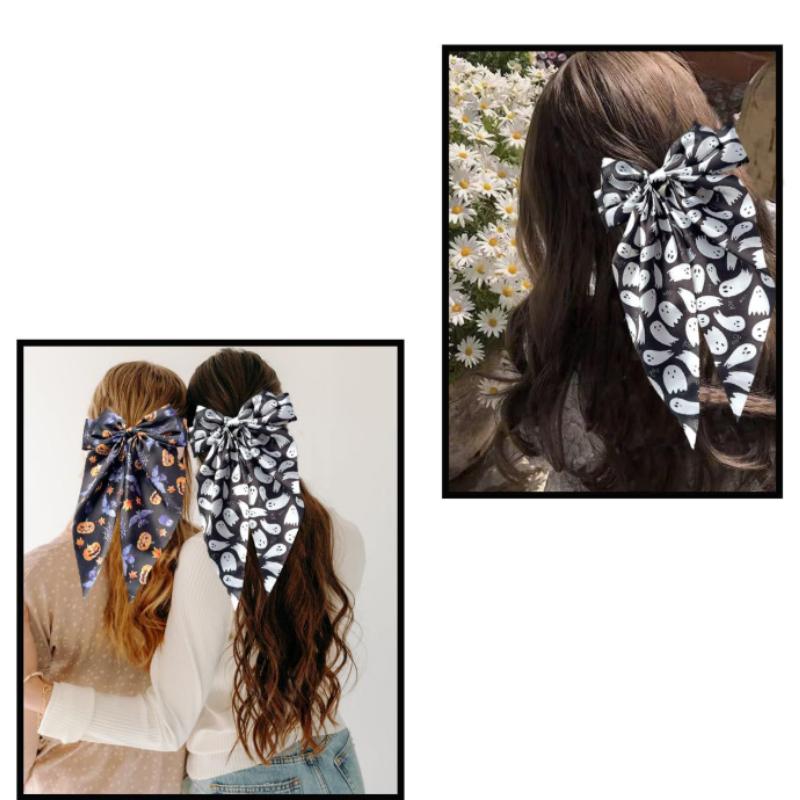 1pc Chic Halloween-Themed Bow Hair Clip - Black & White with Spooky Ghosts & Pumpkins Design, Silky Polyester