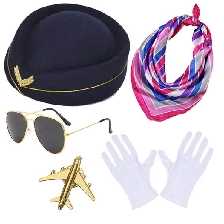 Adult Stewardess Hat+Sunglasses+Brooch Woman Sunproof Flight Attendant Hat Set