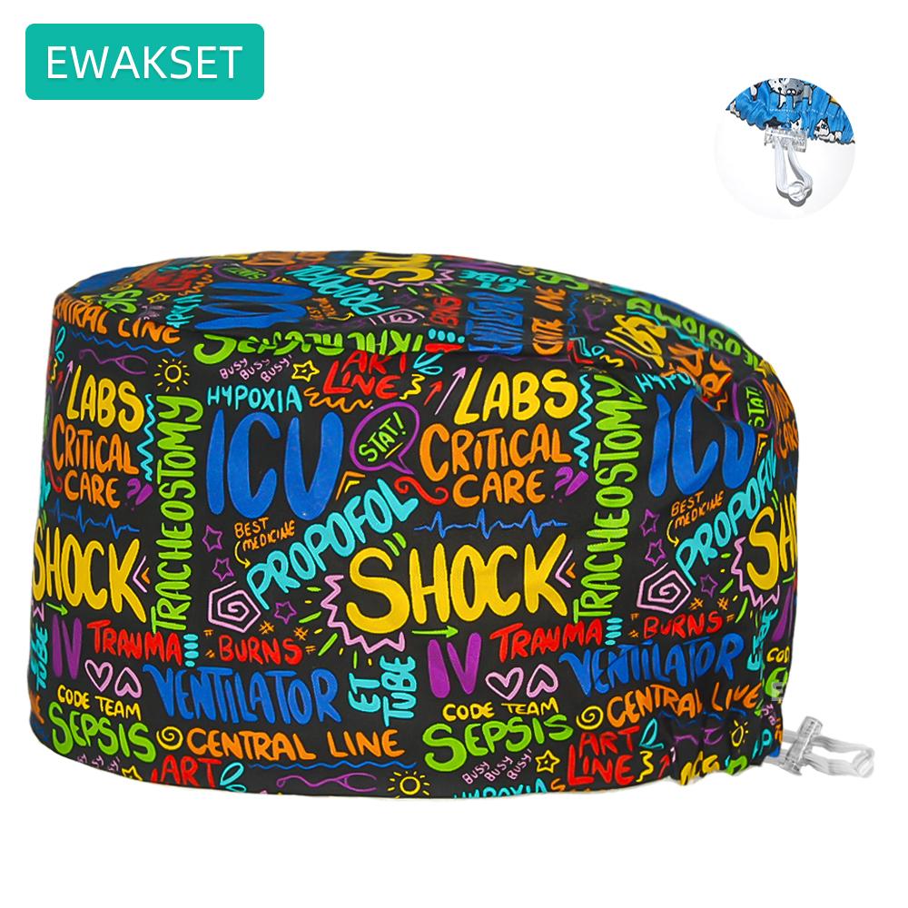 Women's Long Hair Medical Scrub Cap Dental Anesthesia Skeleton OBGYN Print Surgical Hat Adjustable Euro Style for Nurse Doctor