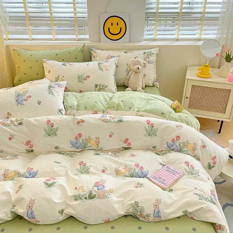 Pure Cotton Printed Four-piece Set, Pure Cotton Bed Sheet, Quilt Cover, Small Fresh Three-piece Set, Bed Home Thickened Quilt Cover
