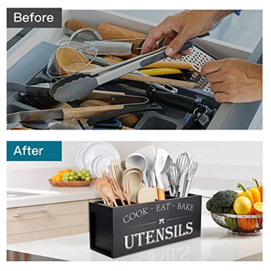 Extra Large Kitchen Utensils Holder with 4 Compartments Wooden Organizer for Countertop Farmhouse Rustic Decor Black