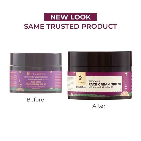 PILGRIM French Red Vine Gesichtscreme mit Sonnenschutzfaktor 30, Hagebuttenöl und Vitamin C für Anti-Aging, Sonnenschutz PA+++, tägliche Anwendung, trocken, Männer und Frauen, 50 g