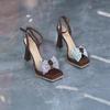 Spring and summer new square head thick-soled bow inlaid with brick buckle with stiletto high heels sandals