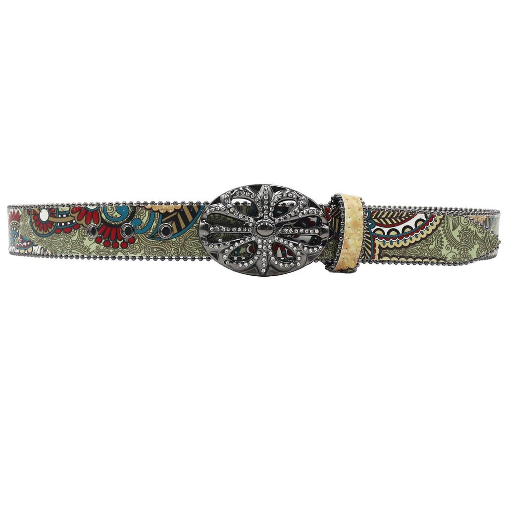 Y2K Ethnic Style Retro Rhinestone PU Leather Belt by American Yabby