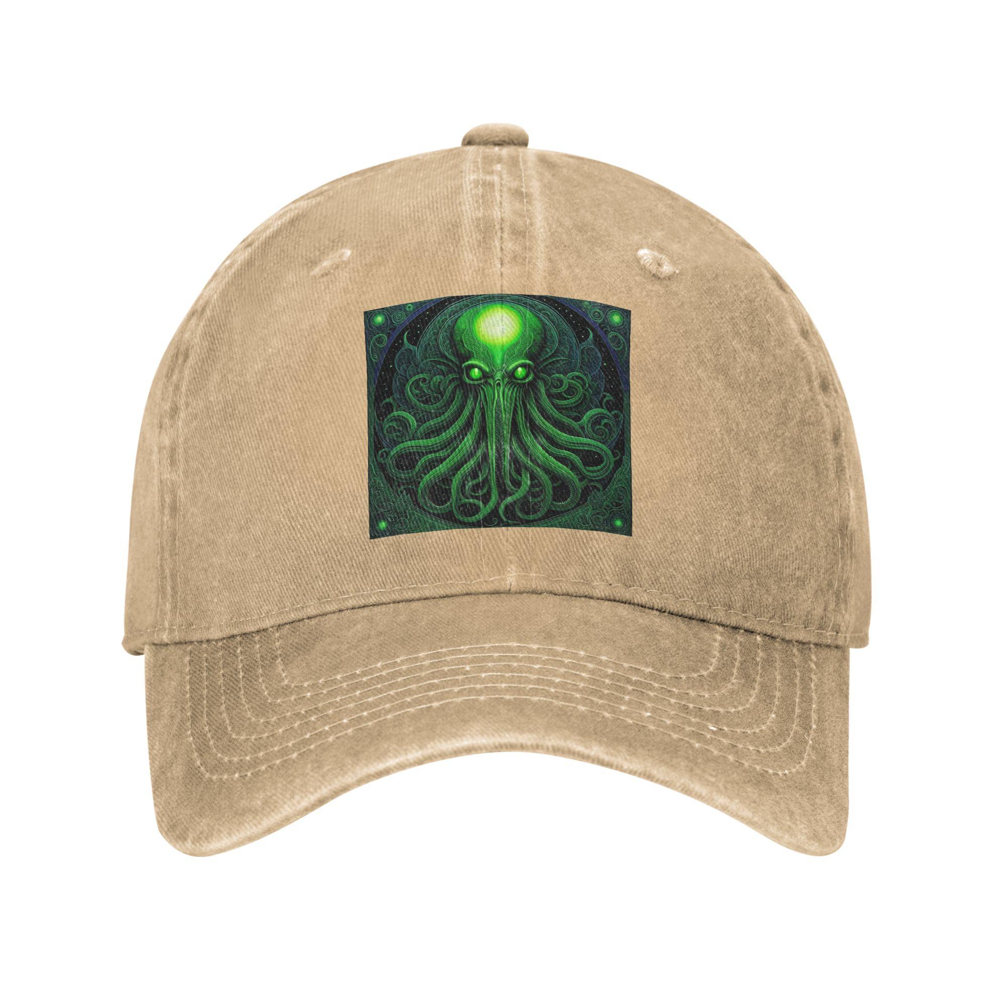

Green Cthulhu Octopus With Tentacles And Teeth Washed Denim Cap Casual Baseball Caps Adjustable Hat Summer Unisex Baseball Hats One Size