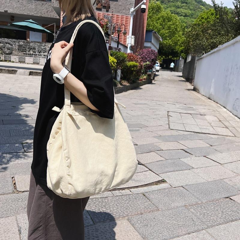 Japanese Lazy Style Literary And Artistic Large-Capacity Canvas Bag Female Solid Color Simple Versatile Shopping Bag Student Class Shoulder Bag