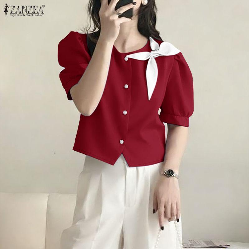 ZANZEA Women Casual Round Neck Summer Short Sleeve Blouse