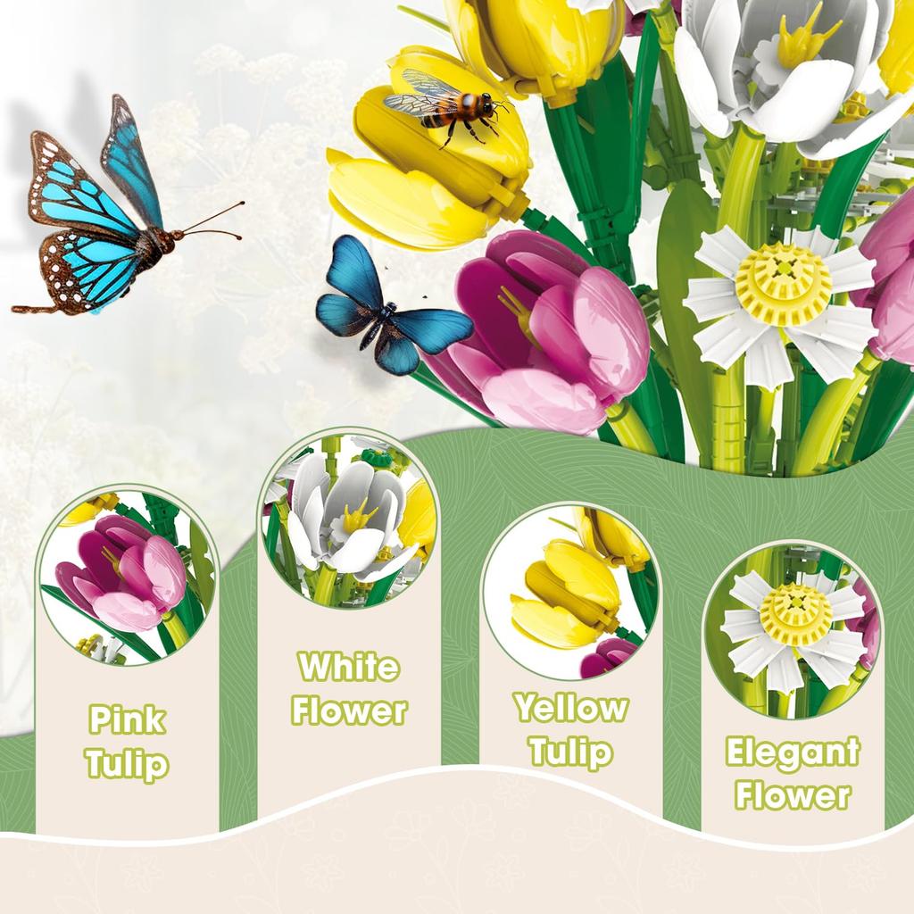 Non-Toxic 1250Pcs Tulip Bouquet Building Blocks Flower Eternal Flower Vase Model Bricks Home Decoration Kids Diy Toys Children Romantic Gifts