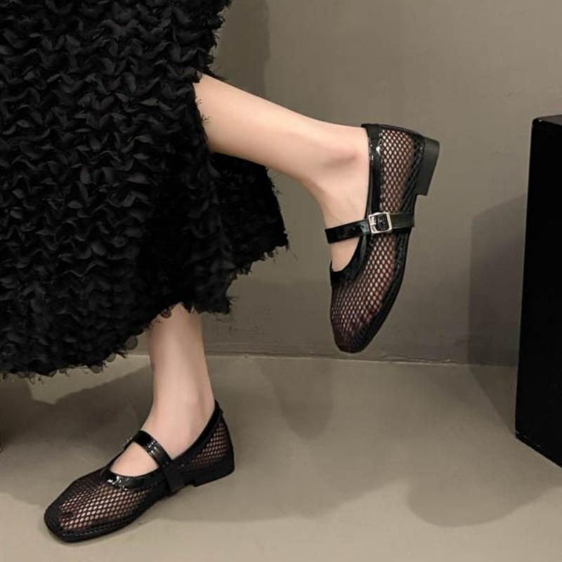 Fashion Fishing Net Hollow Women's Shoes Summer New Square Toe Shallow Mouth Flat Mesh Casual Mary Jane Soft Sole Single Shoes