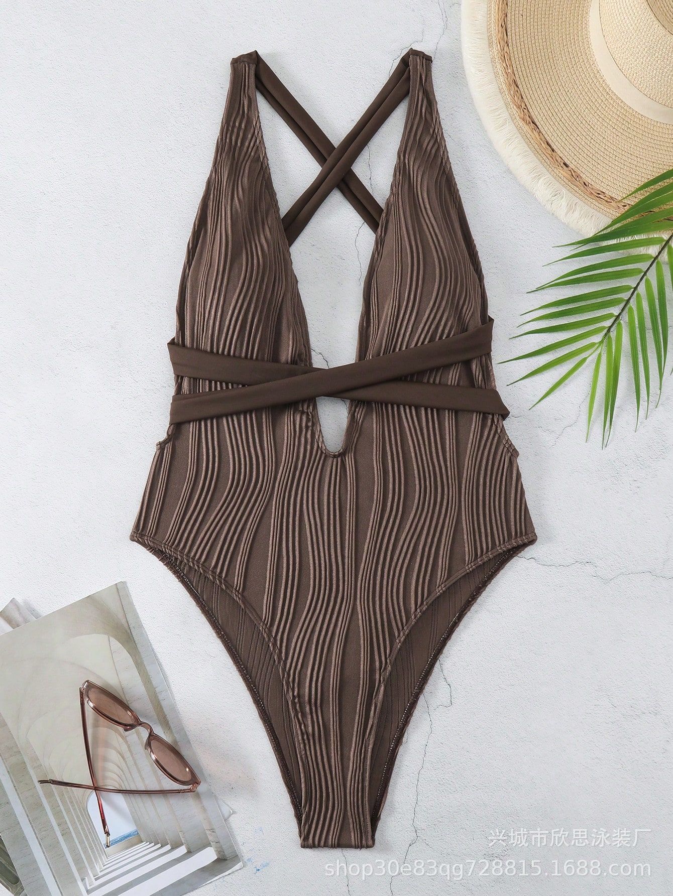Cross-belt one-piece swimsuit European and American sexy and thin lace-up halter swimsuit S