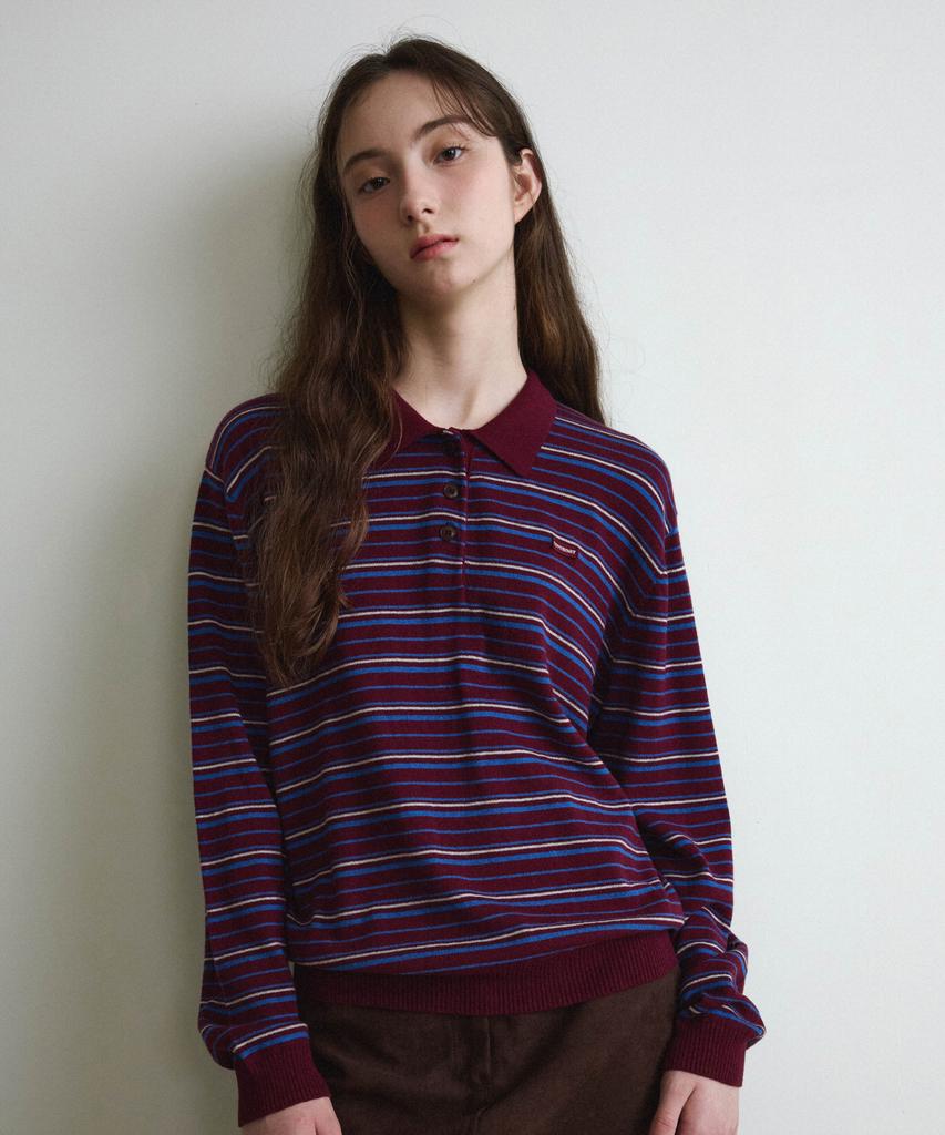 COVERNAT WOMAN Striped Collar Knit Burgundy