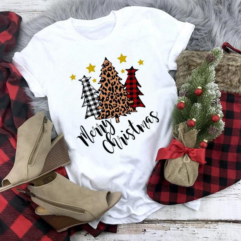Fashionable Christmas Printed Casual Round Neck Summer Short Sleeved Holiday Tshirt for Womens Top Tshirt