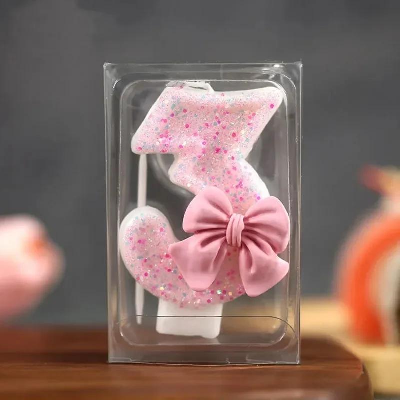 1PCS Cute Sequin Pink Big Number Bowknot Candle 3D Design Cake Topper Decoration Girls Birthday Cake Candles Dessert Ornament