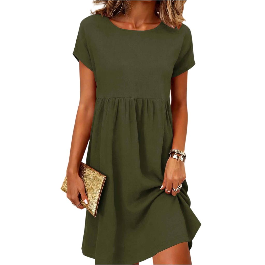 Dámské letní módní barevné ležérní bavlněné a lněné šaty s kulatým výstřihem a krátkým rukávem