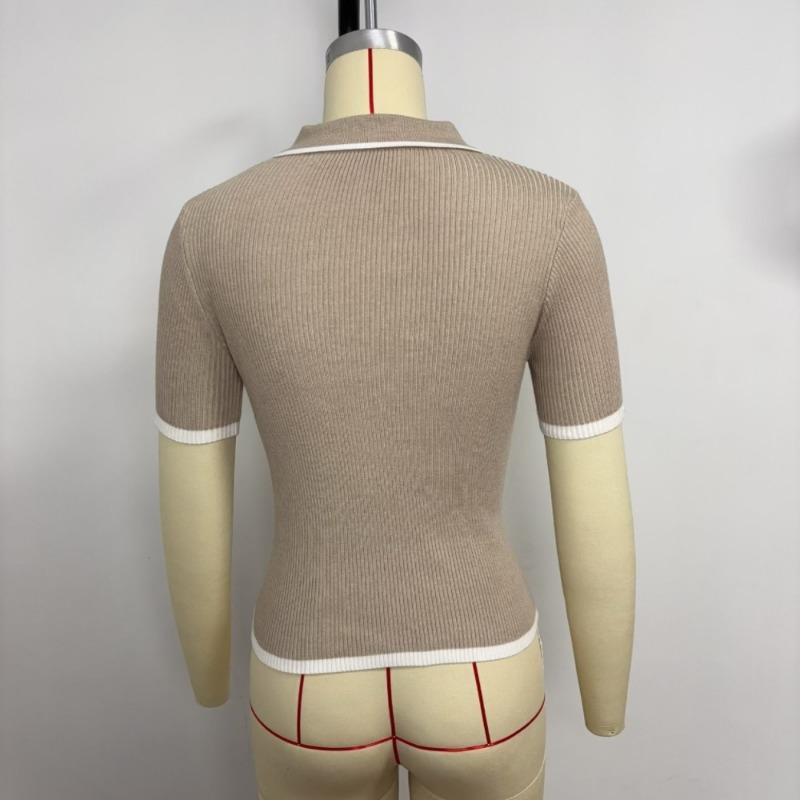 Women S Fitted Ribbed Turn Down Collar Knit Top 3 4 Sleeve