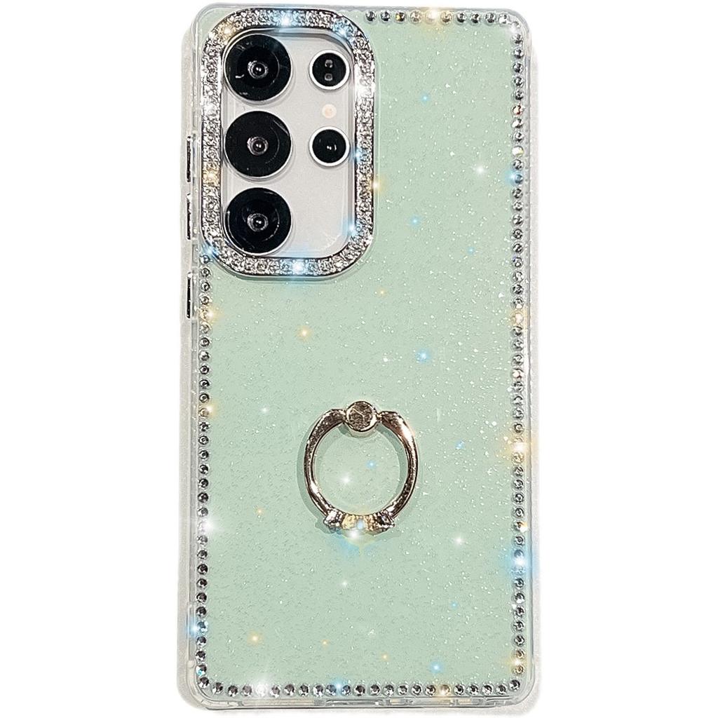 For Samsung Galaxy S24 Ultra Case with Ring Kickstand Rhinestone Edge TPU+PC IMD Phone Cover