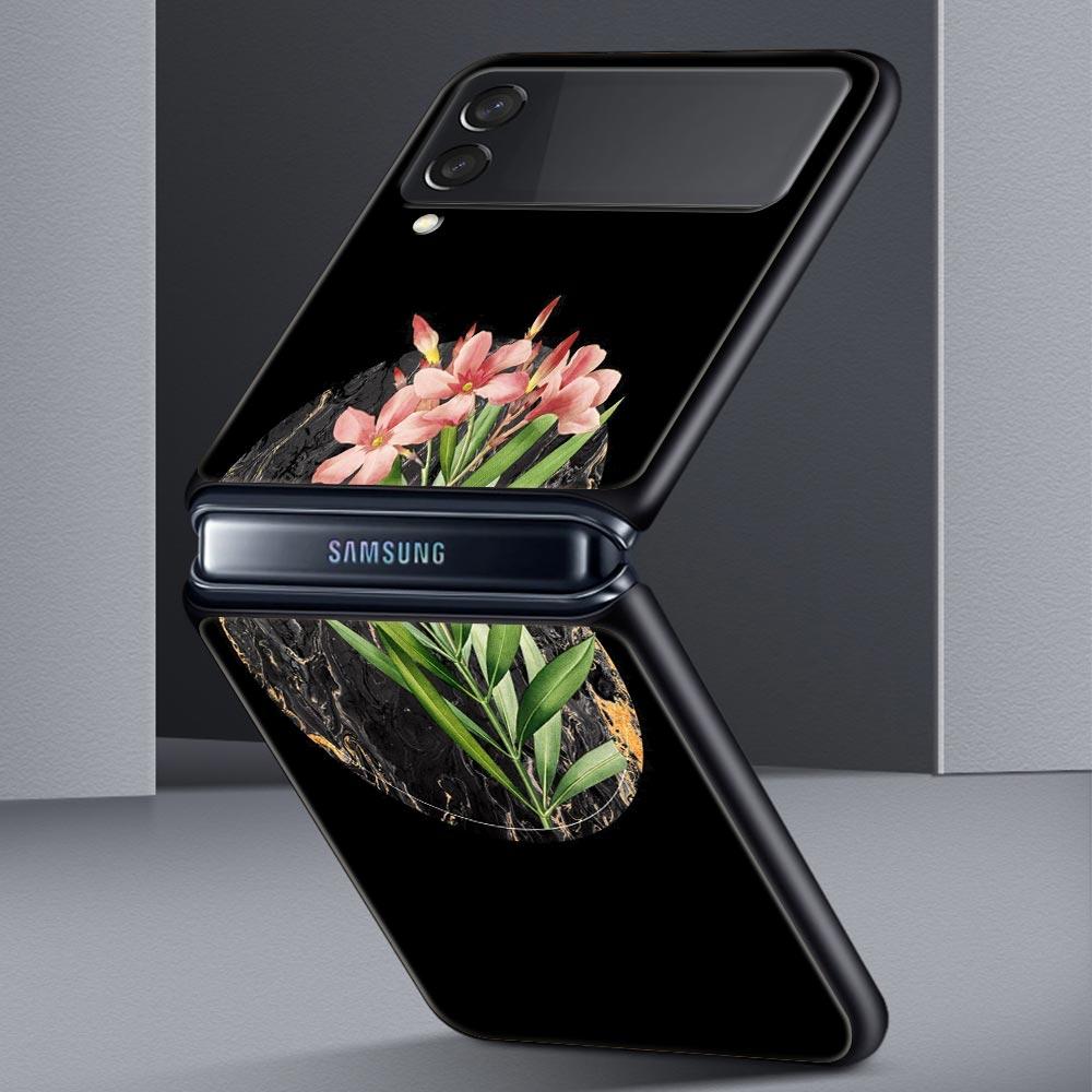 Handyhülle mit Vintage-Blumen-Motiv, botanischer Marmor, für Samsung Galaxy Z Flip 3, 4, 5, schwarze faltbare Handyhülle, harte Schutzhülle
