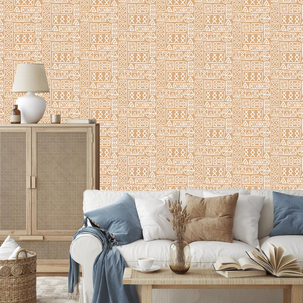 Polynesian Geometric Pattern Wallpaper Cream and Gold 50x1000