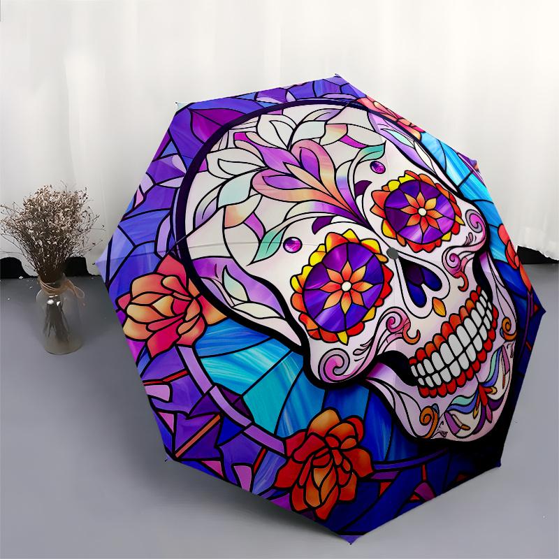 Colorful Sugar Skull Stained Wall Art DecorUmbrella, Portable 3-Fold Compact Umbrella for Men & Women Gift