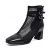 Square Head High Heel Cool Boots Women's Spring New Niche Personality Double Breasted Hollow Breathable Fashion Boots