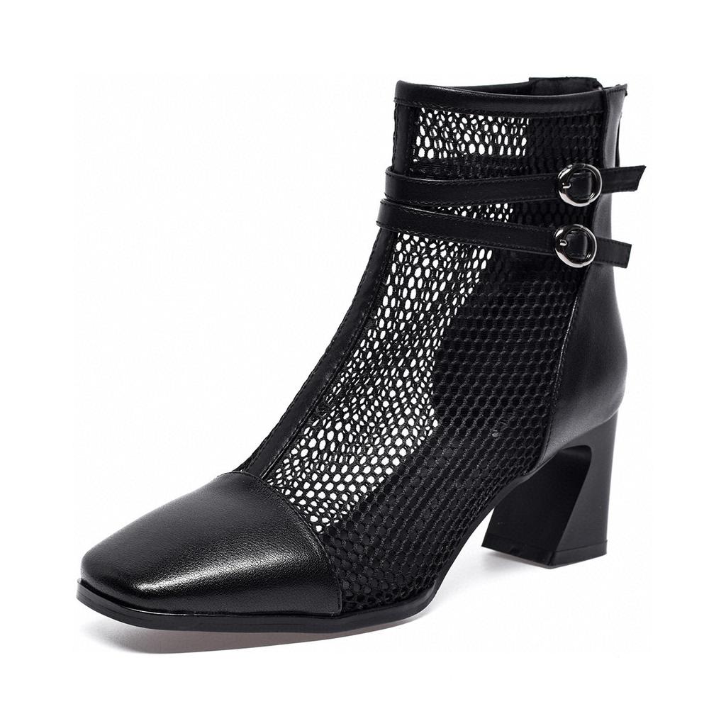 Square Head High Heel Cool Boots Women's Spring New Niche Personality Double Breasted Hollow Breathable Fashion Boots
