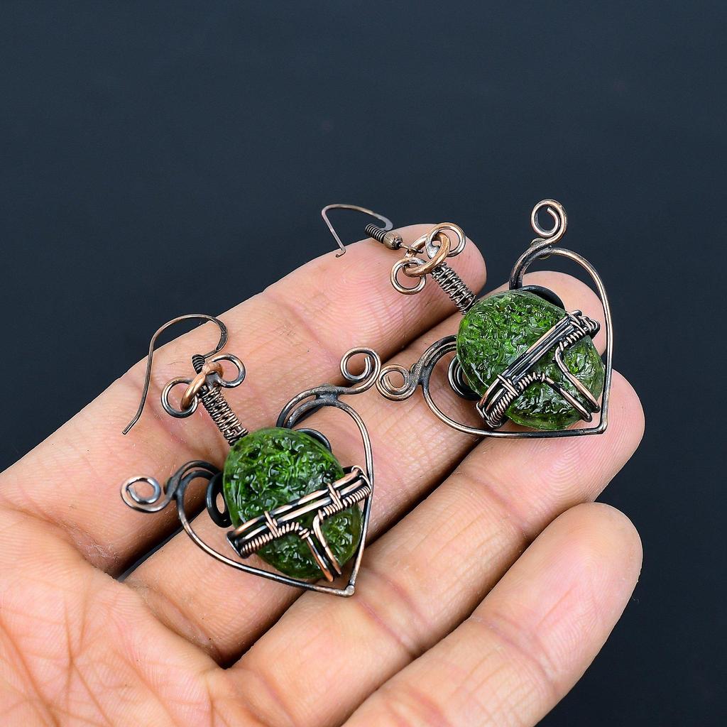 Moldavite Earrings, 999 Copper Wire Wrapped Gemstone Jewelry, Handmade  Earrings For Mother Day