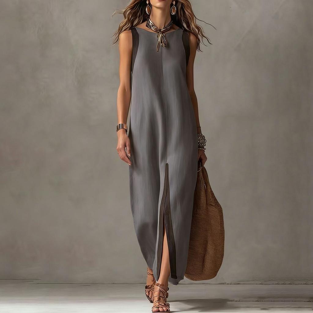 Vestido Casual Suelto de Manga Corta con Cuello Redondo, Dobladillo Dividido y Bloques de Color para Uso Diario, Oficina, Salidas de Vacaciones, Playa