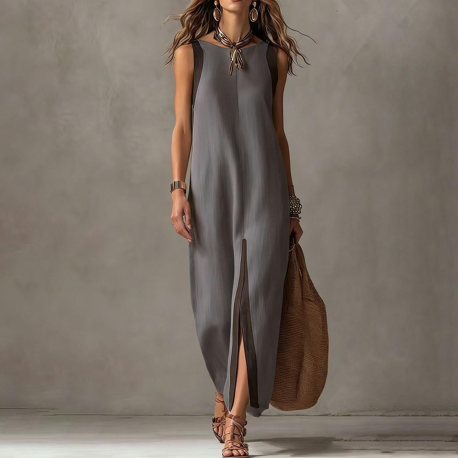 Ärmelloses Damenkleid mit Rundhalsausschnitt, geteiltem Saum und Farbblock-Design, lässiger lockerer Schnitt für den täglichen Gebrauch, Büro, Urlaubsausflüge, Strand XL gray
