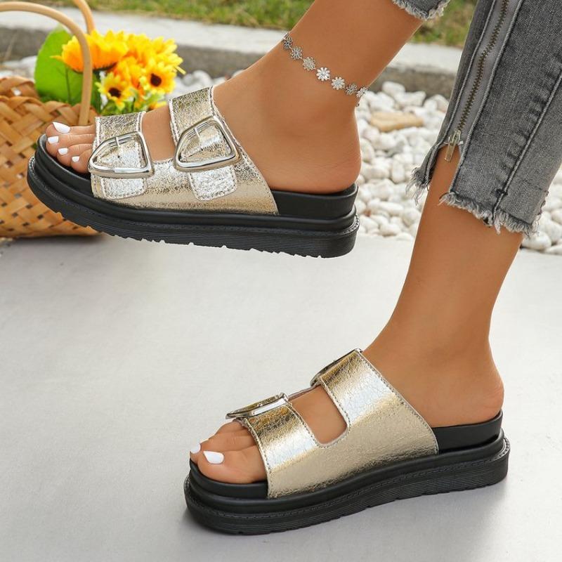 Slippers women's summer wear flat bottom one-word drag retro small sandals beach thick-soled slippers