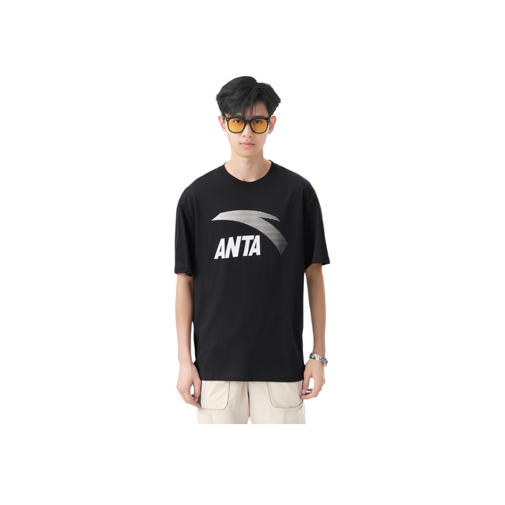 Anta Knitted Pullover Comfortable Casual Round Neck Short Sleeve T-Shirt Men Tops Basic-Black Silver 952428112-5