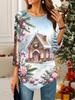 Women's Loose Round Neck Three Quarter Sleeve Tee 3D Christmas Pattern Ideal Halloween and Christmas Gift