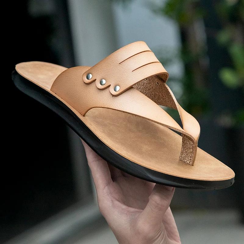 FashionNew Outdoor Men's Flip Flops Leisure Walking Summer Shoes for Men Beach Slippers Fashion Brand Cool Handmade Leather Sandals Man