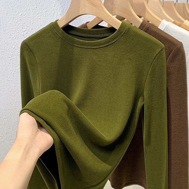 Develvet Basic-Shirt für Damen Neues Damen-Einfarbiges Rundhals-Woll-T-Shirt Thermisches Unterhemd für die Taille