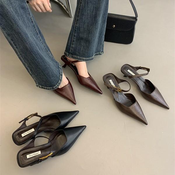 2025 spring and autumn new temperament pointed high heels women's one-word buckle with sandals thin heel bag head women's shoes