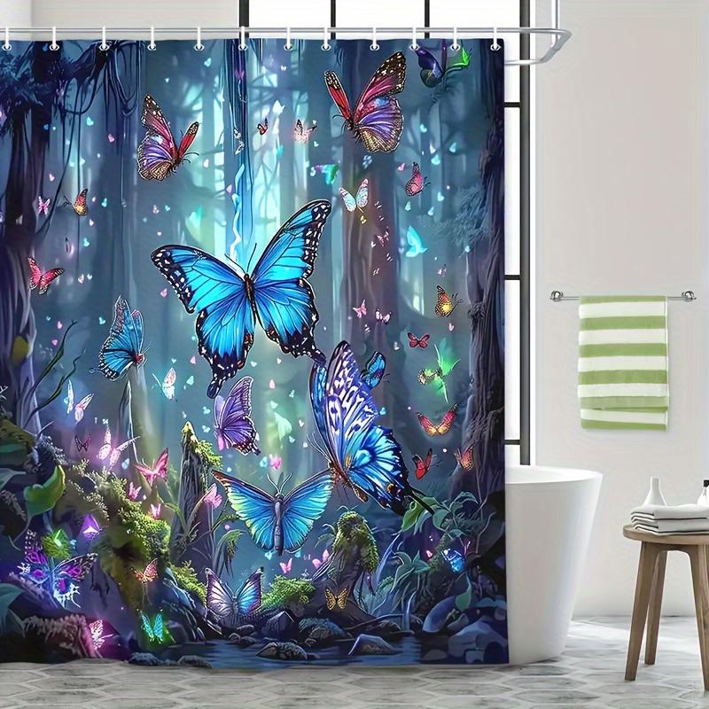Vibrant Blue Forest Butterfly Shower Curtain With Hooks-Animal Print, Decorative Shower Curtain Available All Season 180X180Cm