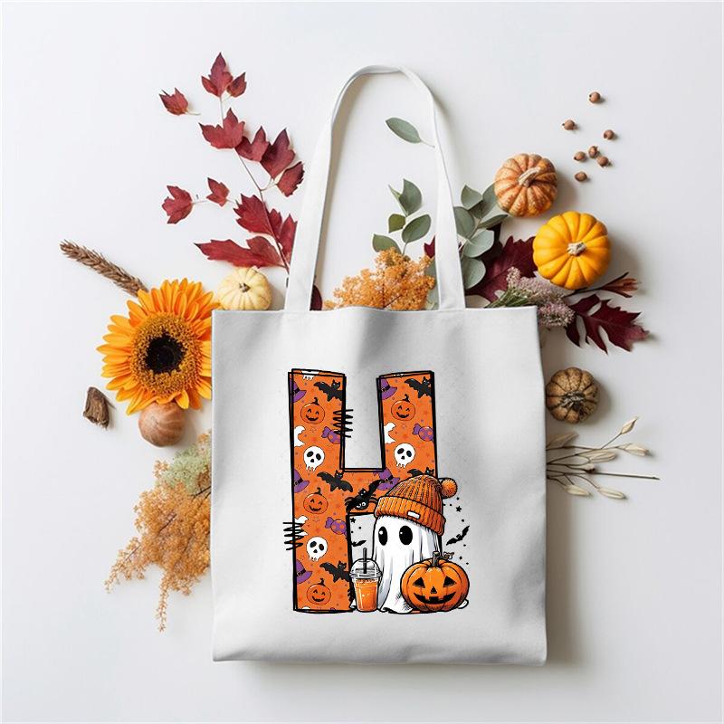 Halloween 26 Letter Cartoon Print Peripheral Student Tote Bag Large Capacity Canvas Bag