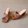 Eilyken Fashion Pleated Weave Square Toe Women Slippers Summer Design Wedges Low Heels Party Dress Slide Shoes