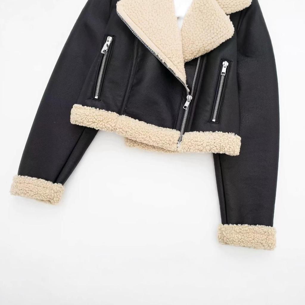 2024 Winter Shearling Biker Short Reversible Women's Jacket with Zipper Accents