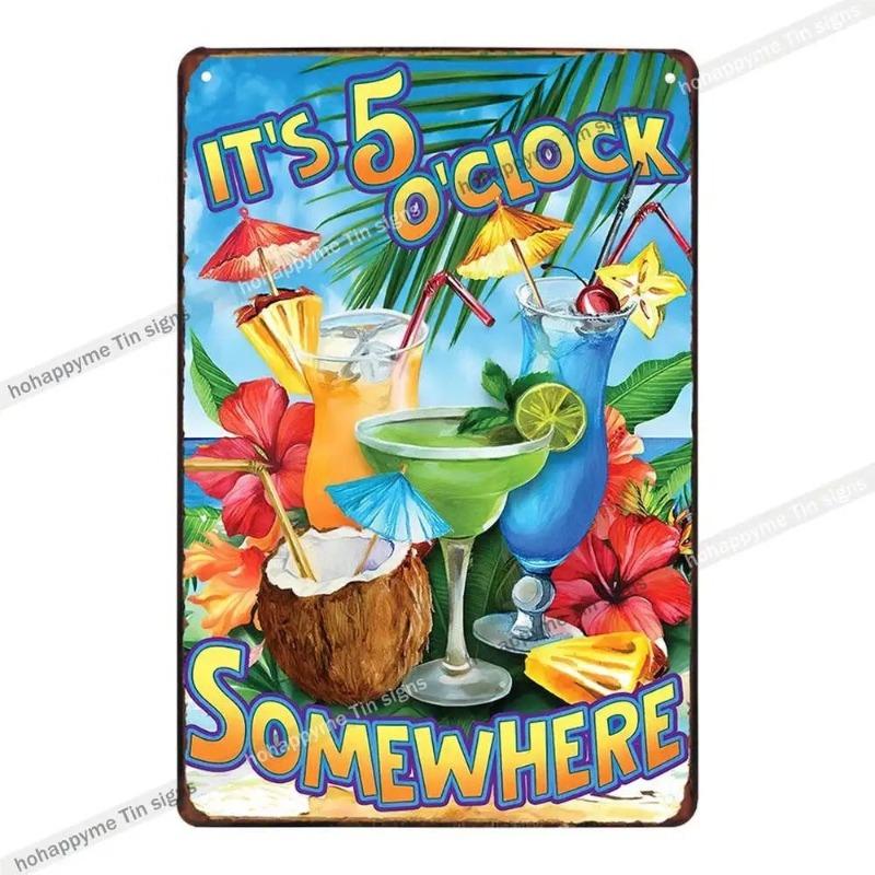 5 O'Clock Vintage Tin Sign, Retro Metal Wall Decor