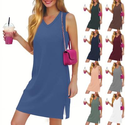 Women's Casual Fashion Sexy V-neck Sleeveless Solid Color Hem Slit Dress