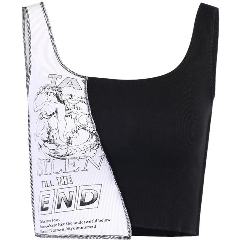 Summer New Retro Personality Color Print Splicing Slim-fit High Waist Slimming Short Small Halter Vest Woman