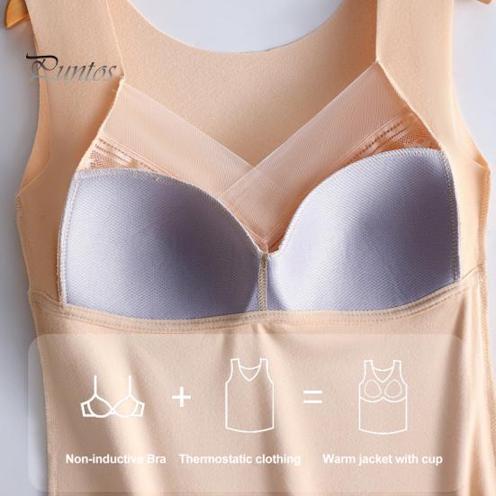 Women Thermal Vest V-Neck Sleeveless Padded Wireless Bottoming Tops Slim Fit Solid Color Temperature Locking Velvet Tank Tops