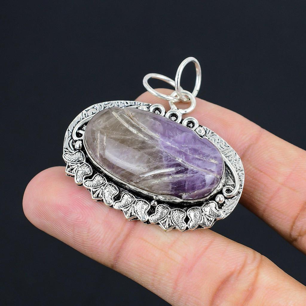 Easter Sale Oval Natural Carved Star Amethyst Sister February Pendant 925 Silver