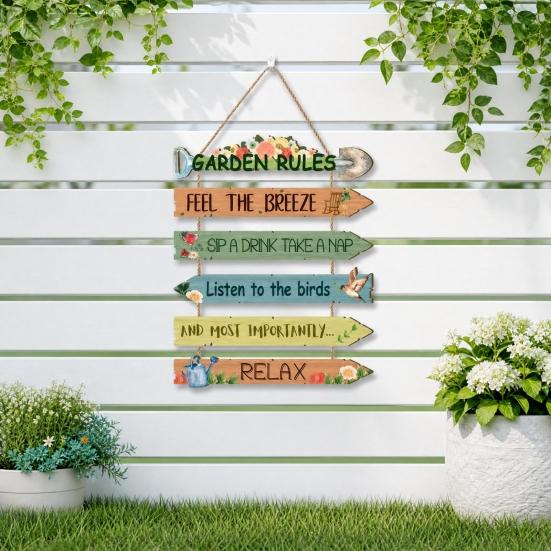 Garden Rules Hanging Sign, Spring Wooden Welcome Door Sign for Front Door, Rustic Farmhouse Wall Plaque for Porch Yard Gardening Shed Decoration