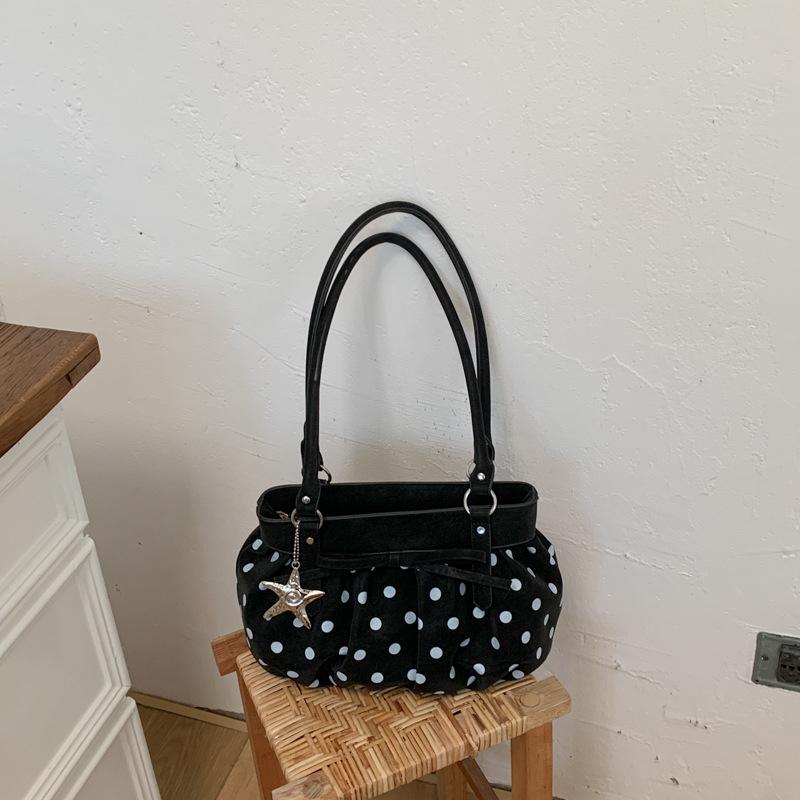 Polka Dot Ruched Shoulder Bag With Star Pendant Women Bow Decor Large Capacity Hobo Bag Retro Versatile Handbag For Daily Commut