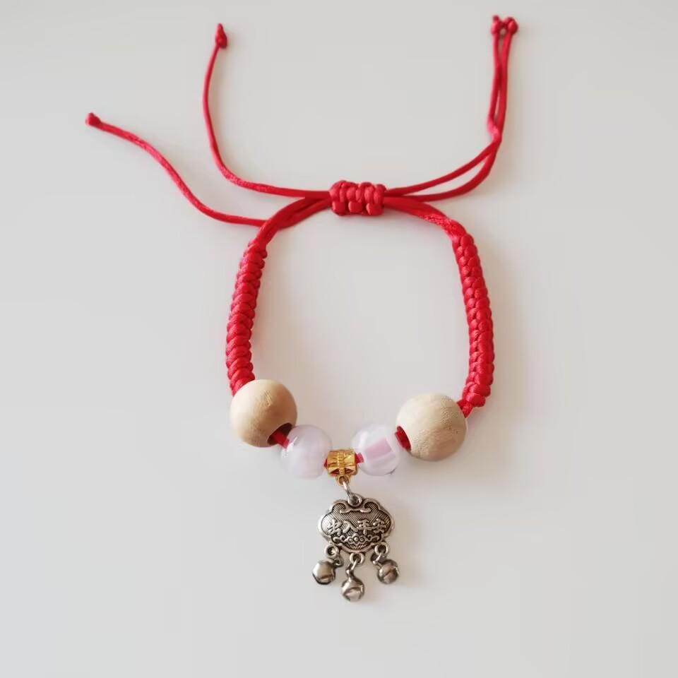 Cat & Kitten Camphor Wood Bead Necklace - Chinese New Year Pet Collar & Wind Chime Decoration